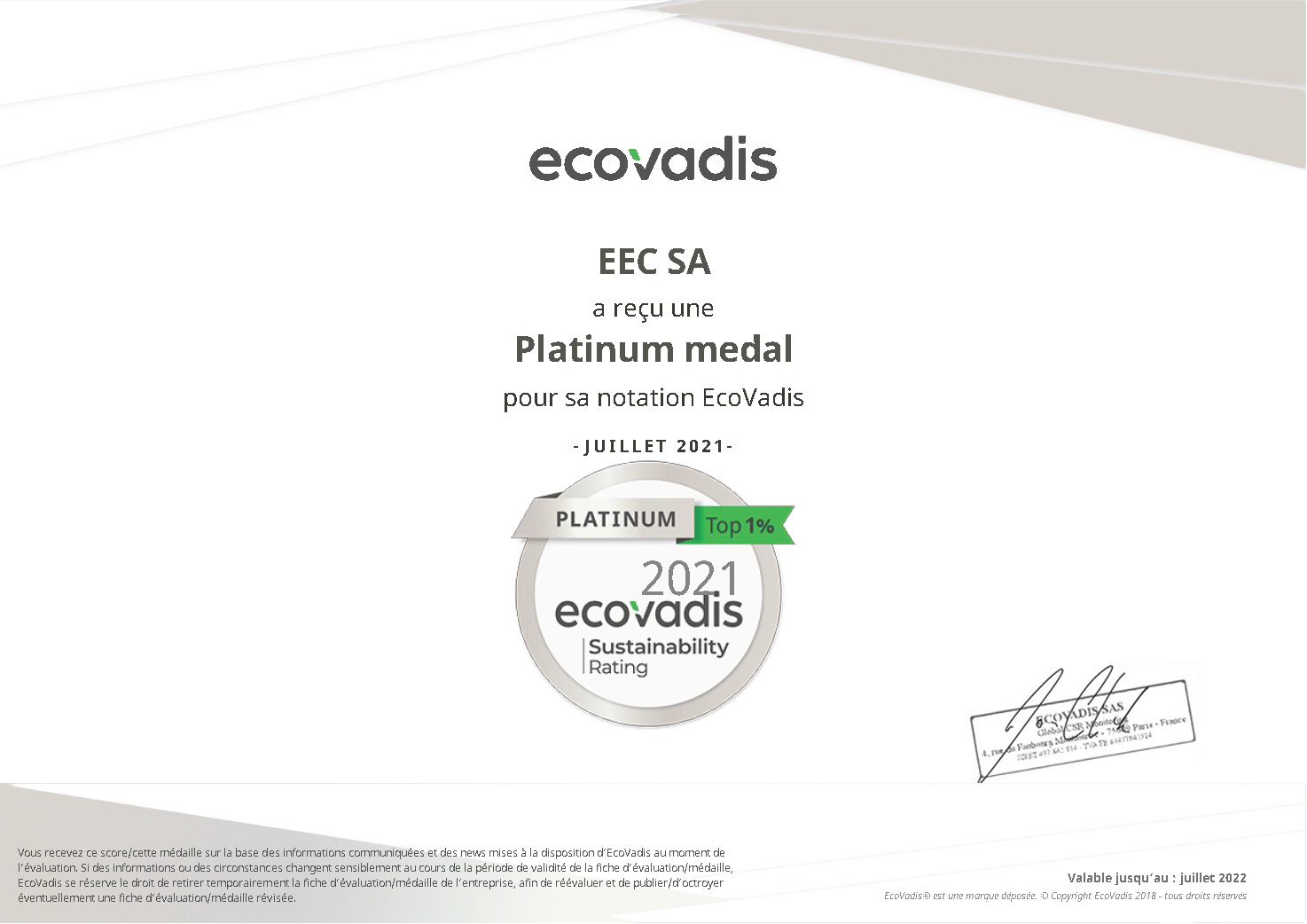 EEC SA EcoVadis Rating Certificate 2021 07 04 1